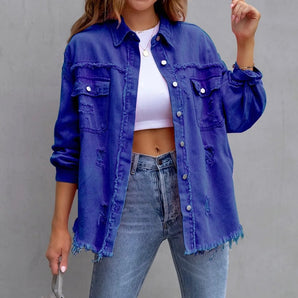 Casual women's Oversized Jean jacket Solid Color Long Sleeve Distressed Jacket  whit pocket