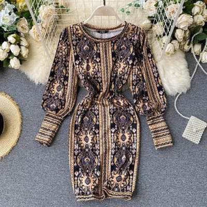 Long Puff Sleeve Floral Bodycon Dress