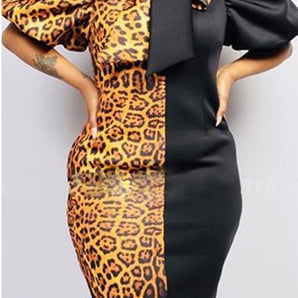 New Color Matching Leopard Print Fat Woman Fat Lady Puff Sleeves Dress