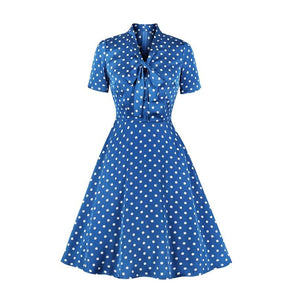 Tie Neck Button Swing Bleu Dress